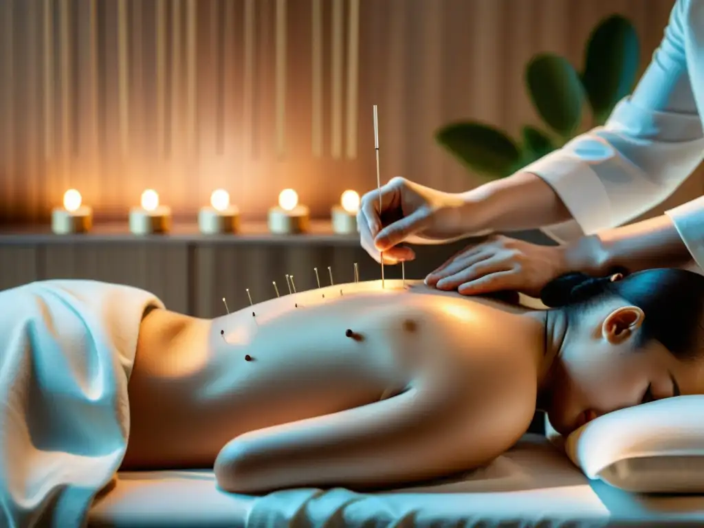 Acupuntura experta en clínica moderna Un tratamiento de acupuntura para fortalecer el sistema inmunológico en una clínica moderna y relajante