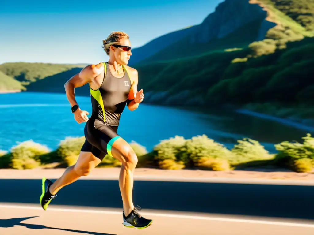 Triatleta en acción: corriendo en la costa al amanecer Un triatleta corriendo en una ruta costera al amanecer, transmitiendo fuerza y determinación
