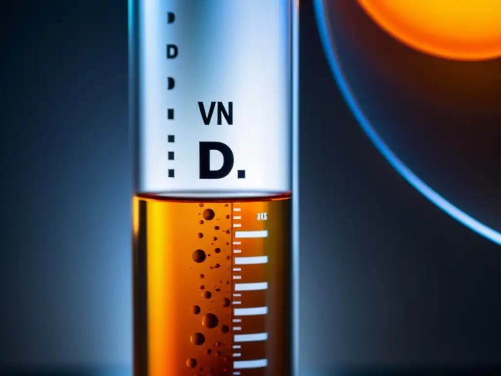Brillante experimento de laboratorio con vitamina D Un tubo de ensayo con líquido naranja vibrante expuesto a la luz, revelando la importancia de la vitamina D en inmunidad en un laboratorio científico