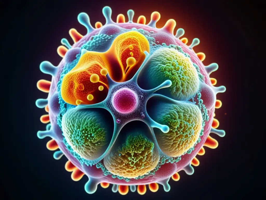 Microcosmos inmune: la célula vibrante y sus aliados Una ilustración ultradetallada de una célula inmunitaria rodeada de otras células y anticuerpos, en un fondo futurista
