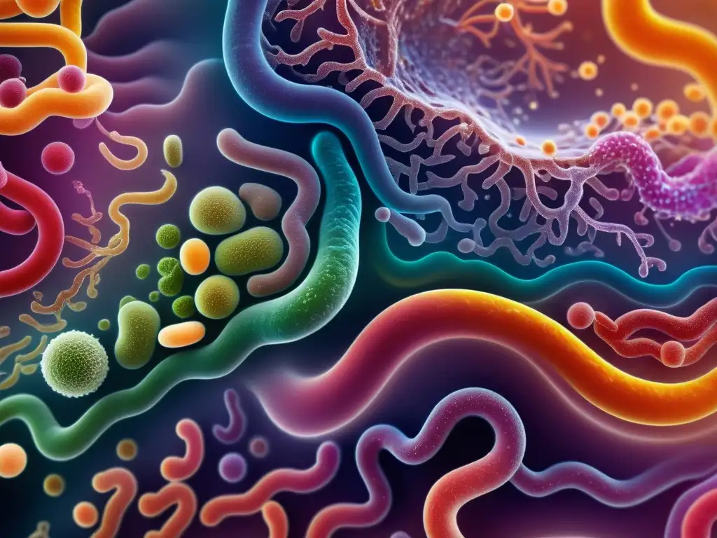 Microbiota intestinal: Red de microorganismos en alta resolución Una representación ultrarrealista de la microbiota intestinal humana, resaltando su diversidad y complejidad