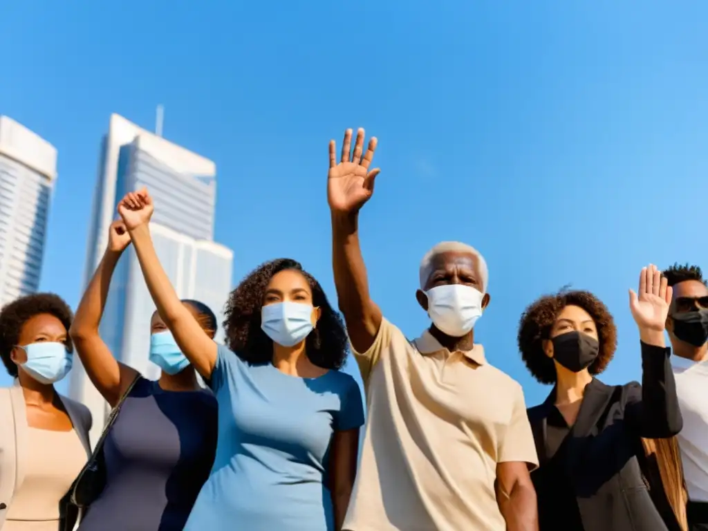Unidos en la ciudad, personas diversas con tapabocas levantan los brazos en señal de unidad
