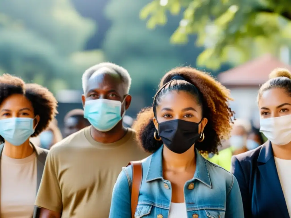 Unidos en comunidad, diversas edades y orígenes usando mascarillas