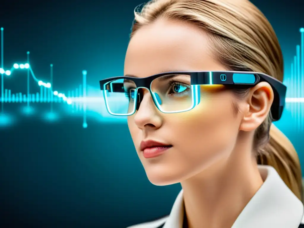 Monitor de salud en tiempo real con lentes inteligentes Un usuario con gafas inteligentes que muestran datos de monitorización continua de salud inmunológica en un entorno futurista y cotidiano