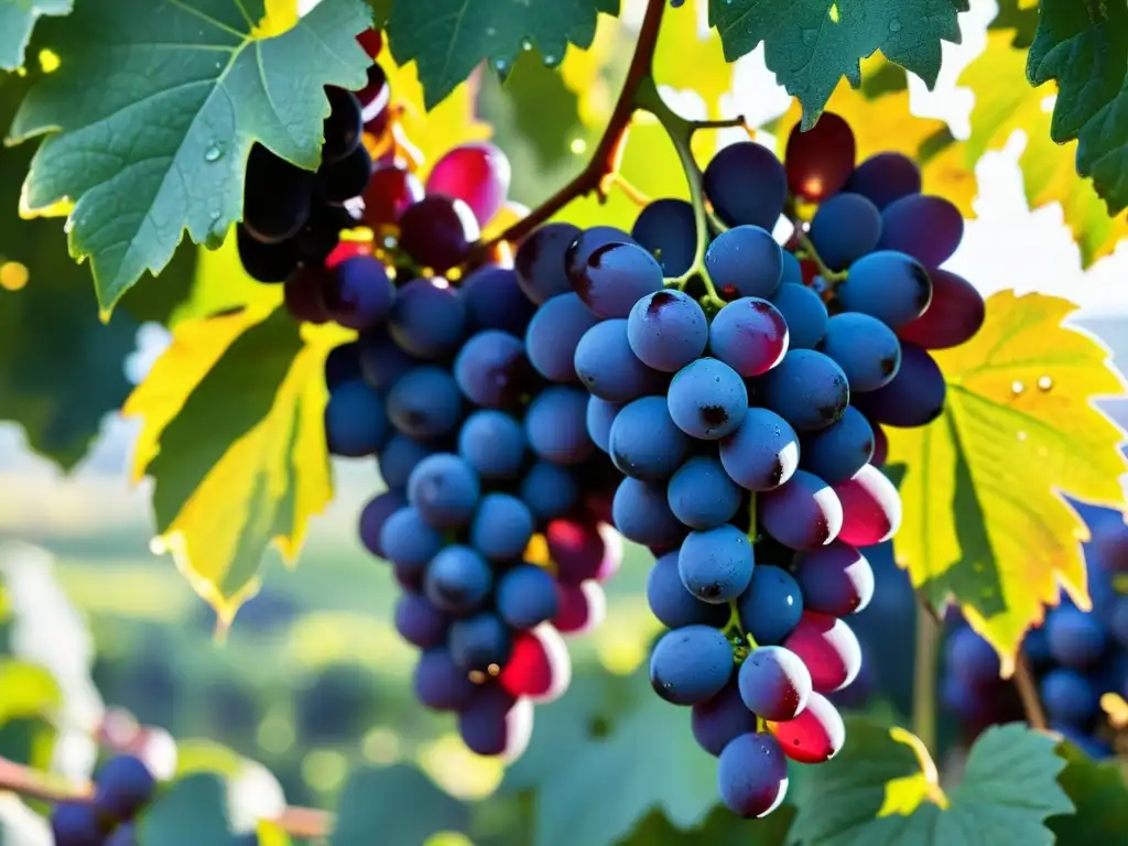 Uvas moradas brillantes: detalle ultrarrealista Uvas moradas brillantes con rocío, bañadas por luz dorada