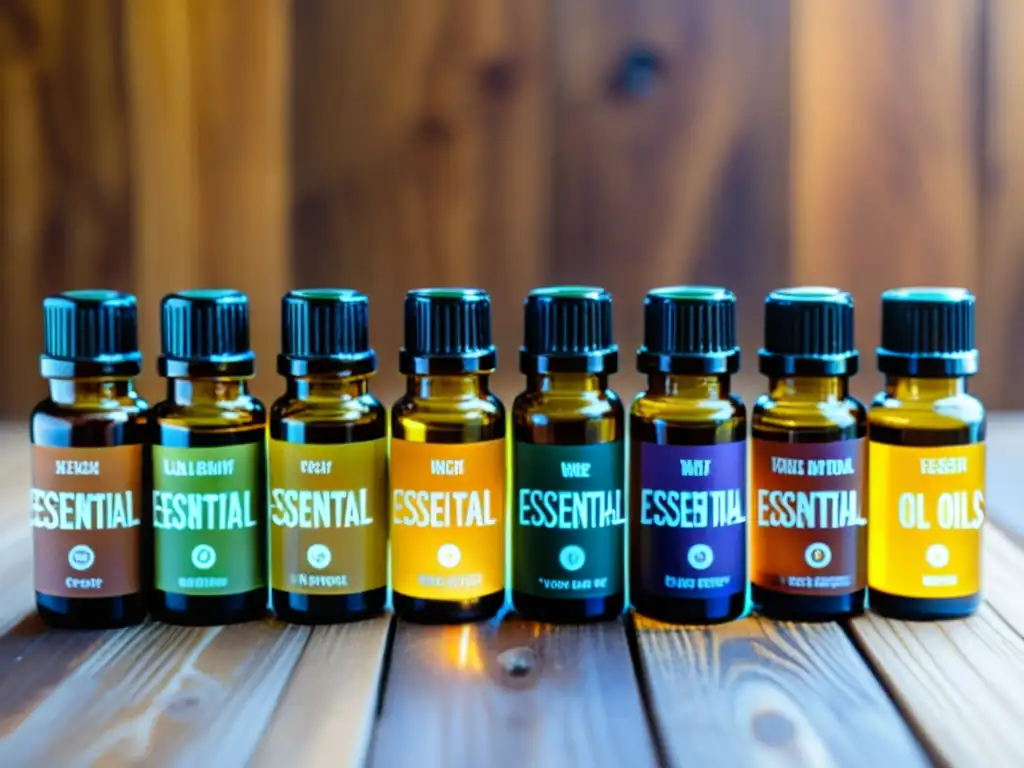 Una variedad de aceites esenciales en frascos de vidrio ámbar sobre una superficie de madera, con etiquetas nítidas y colores vibrantes