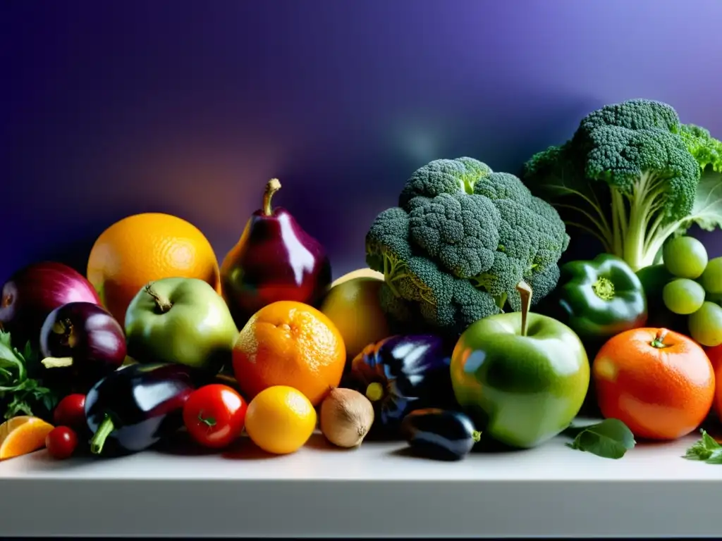 Vibrante variedad de frutas y verduras para fortalecer el sistema inmune Una variedad de alimentos coloridos y frescos que fortalecen el sistema inmunológico, dispuestos con elegancia en una encimera de cocina moderna
