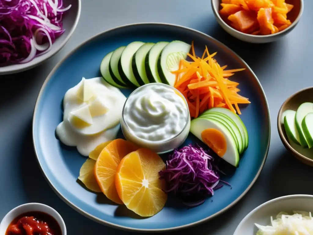 Deliciosos alimentos fermentados para una vida saludable Una variedad de alimentos fermentados coloridos como el chucrut, kimchi, kéfir y yogur, dispuestos en una elegante bandeja