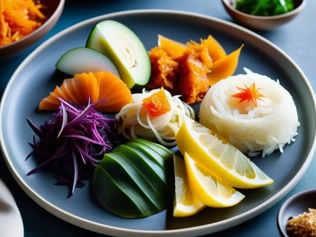 Delicias fermentadas: kimchi, sauerkraut, miso y kombucha en altaresolución Una variedad de alimentos fermentados coloridos y apetitosos en una elegante bandeja, destacando los beneficios para el sistema inmunológico
