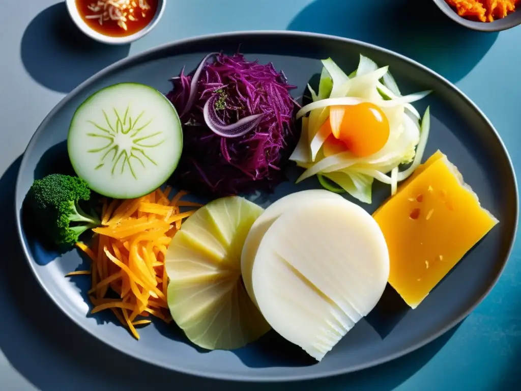 Alimentos fermentados: Colores y texturas probióticas Una variedad de alimentos fermentados coloridos y detallados en un elegante plato, fortaleciendo el sistema inmunológico con su diversidad probiótica
