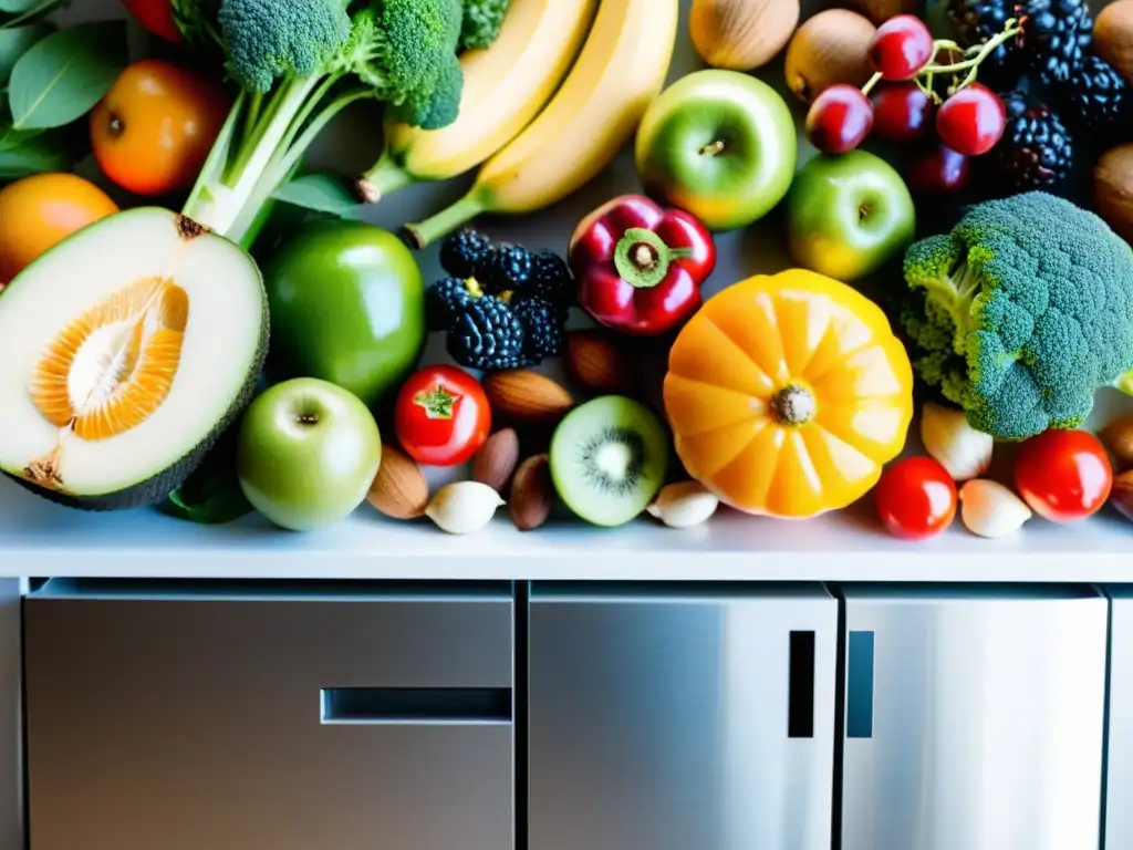 Vibrante selección de alimentos antiinflamatorios Variedad de alimentos frescos y coloridos en una cocina moderna, reflejando una dieta antiinflamatoria para el sistema inmunológico