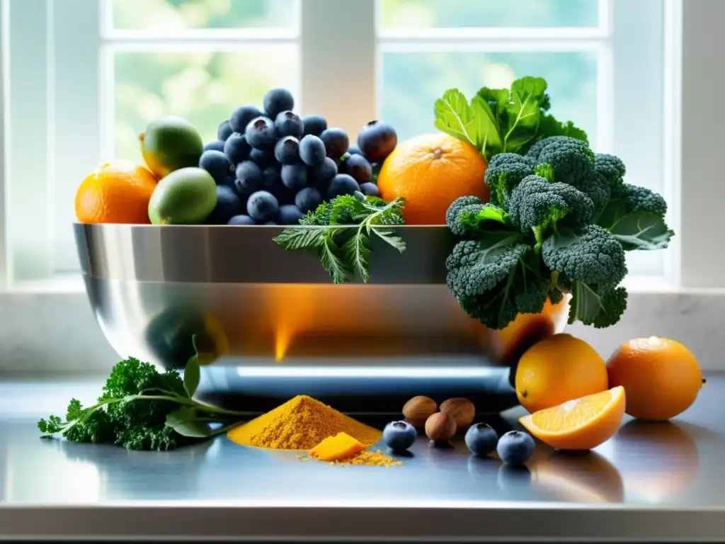 Superfoods: Coloridas Delicias Nutricionales en Cocina Moderna Variedad de alimentos potenciadores del sistema inmunológico en una cocina moderna con luz natural, creando una composición vibrante y apetitosa