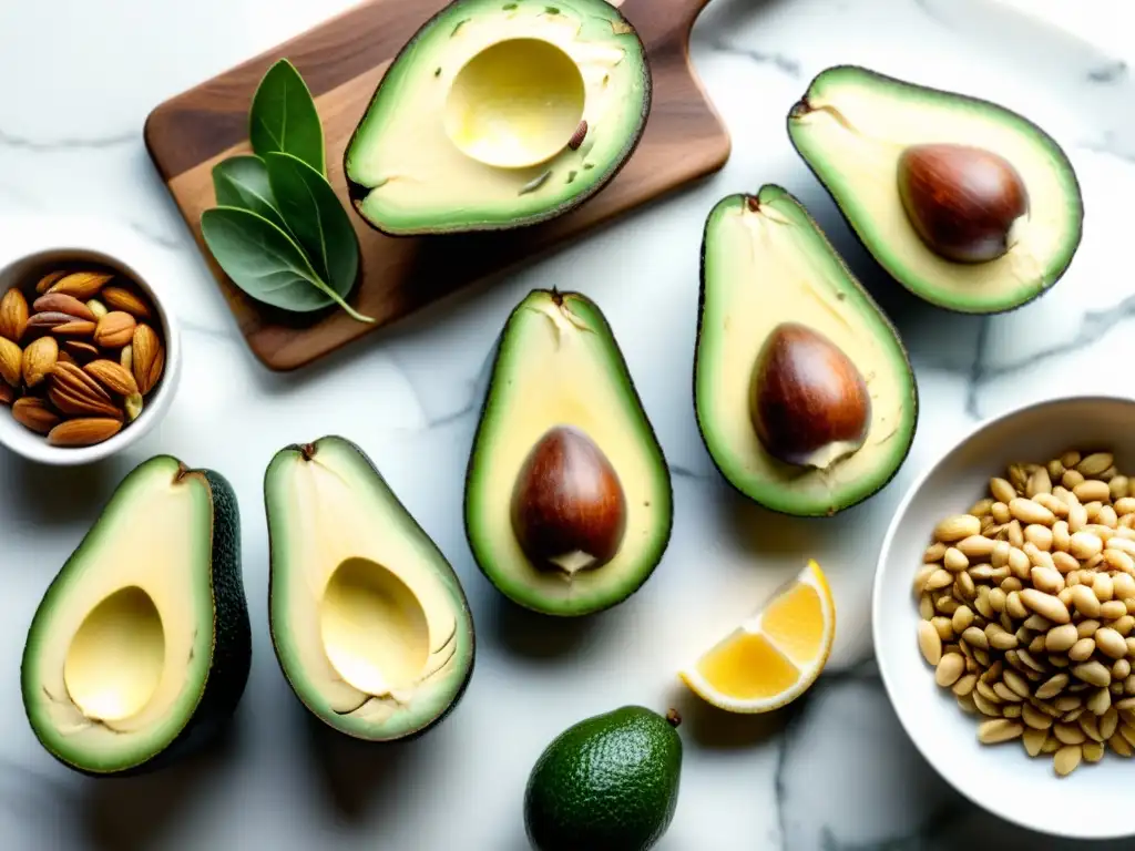 Alimentos saludables ricos en grasas buenas Una variedad de alimentos saludables ricos en grasas saludables para el sistema inmunológico, presentados en un elegante tablero de mármol blanco