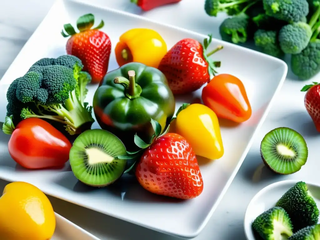 Vibrante variedad de alimentos ricos en vitamina C Variedad de alimentos para fortalecer el sistema inmunológico: frutas cítricas, fresas, kiwi, pimientos y brócoli en una elegante bandeja blanca