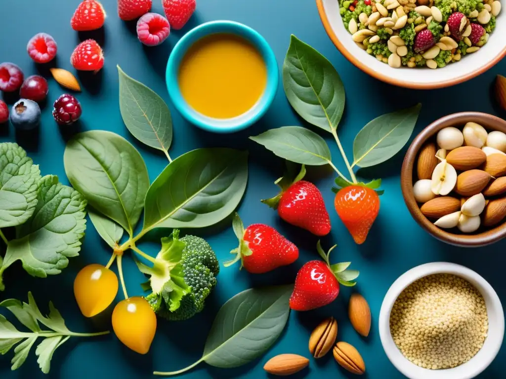 Nutrición vibrante: Detalles de alimentos saludables Una variedad de alimentos vibrantes y ricos en nutrientes que forman parte de una guía nutricional para un sistema inmunitario invencible