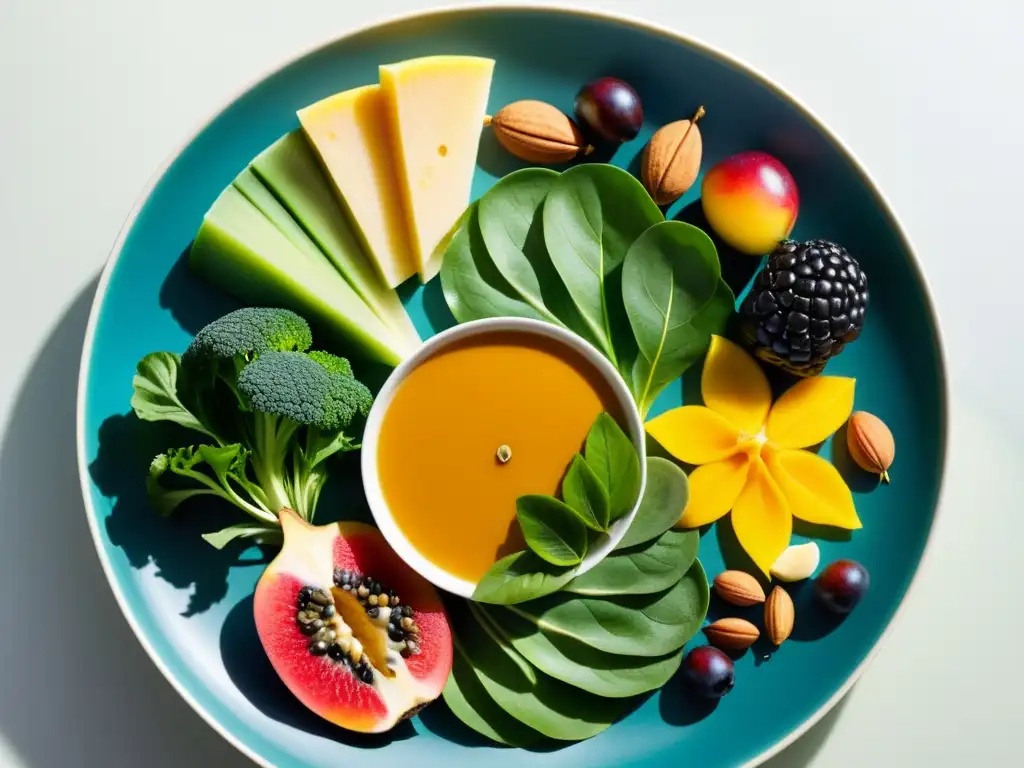 Variedad de alimentos vibrantes y saludables en un plato moderno, resaltando nutrición para fortalecer sistema inmunológico