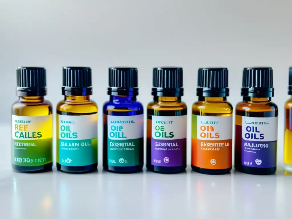 Esencia de colores: Detalles en aceites esenciales Una variedad de botellas de aceites esenciales en un elegante fondo blanco con reflejos de colores del arcoíris