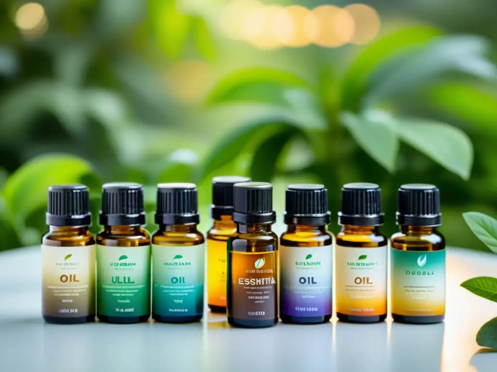 Esenciales: Botellas de aceites esenciales en gradiente Variedad de botellas de aceites esenciales en gradiente de colores cálidos a fríos, con iluminación suave resaltando su diseño moderno