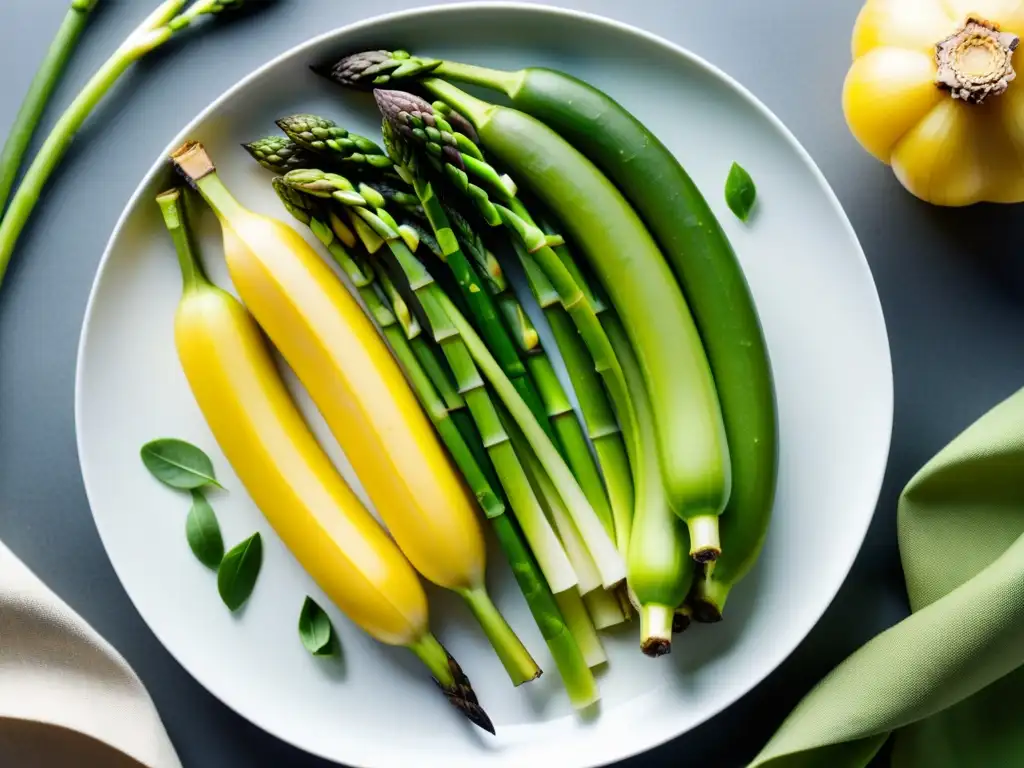 Deliciosos alimentos prebióticos en un plato blanco Una variedad colorida de alimentos ricos en prebióticos como plátanos, ajo, cebollas, puerros, espárragos y avena, resalta en un elegante plato blanco