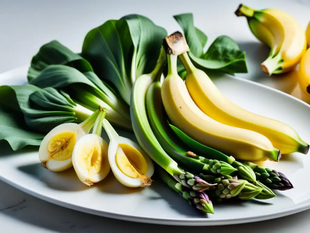 Selección vibrante de alimentos prebióticos en plato blanco Una variedad colorida de alimentos ricos en prebióticos como plátanos, ajo, cebollas y espárragos en un elegante plato blanco