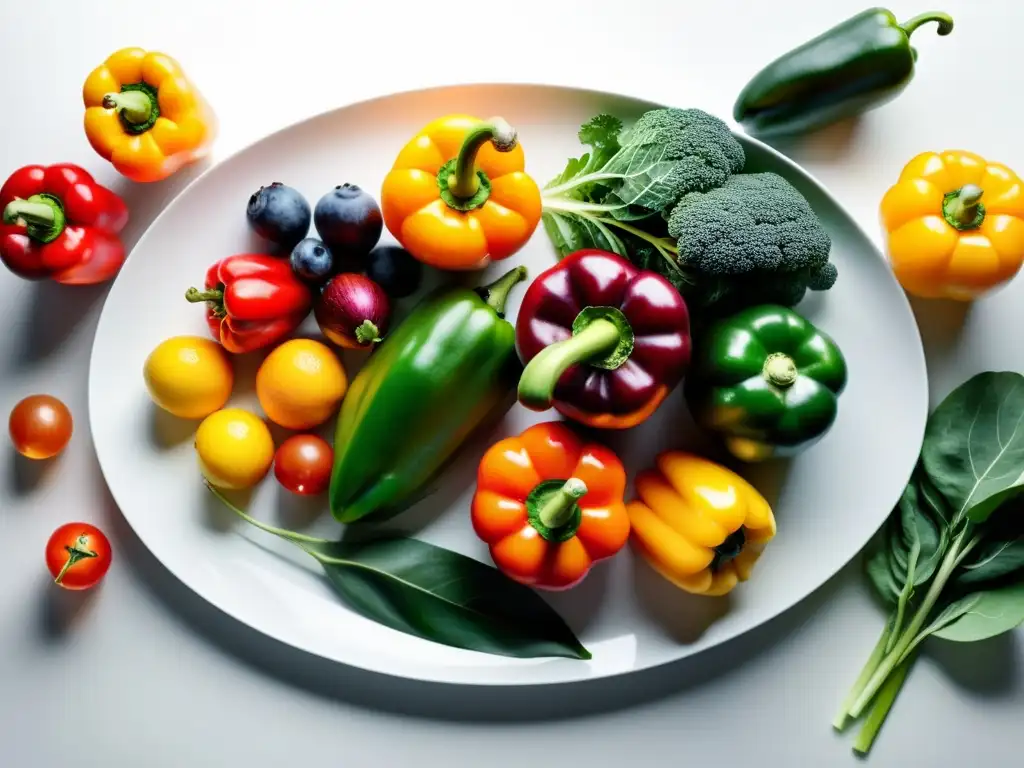 Variedad de Frutas y Verduras Frescas en Plataforma Blanca Una variedad colorida de frutas y verduras frescas dispuestas en un plato blanco