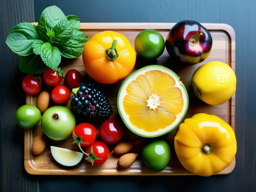 Tabla de alimentos frescos: vibrante y saludable Una variedad colorida de frutas, verduras y frutos secos frescos sobre tabla de cortar