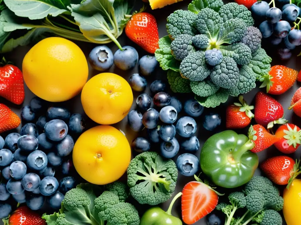 Vibrante variedad de frutas y verduras frescas para la salud Una variedad colorida de frutas y verduras frescas, goteando agua, resalta la nutrición para fortalecer sistema inmunológico en adultos mayores