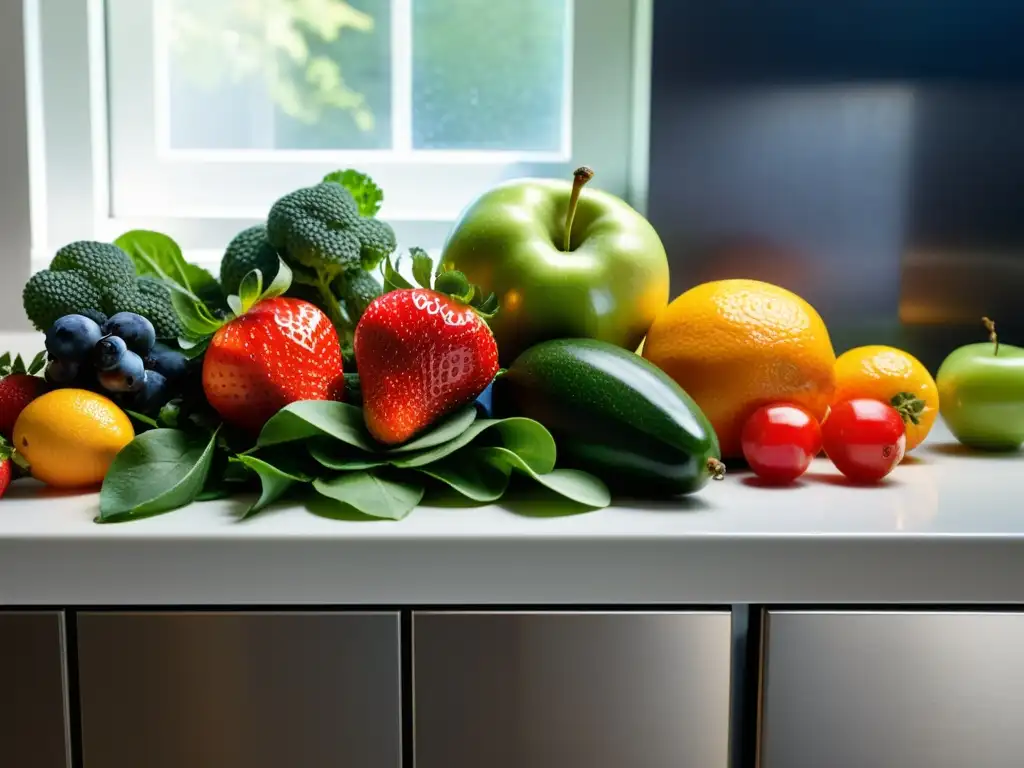 Exuberante variedad de frutas y verduras frescas en la cocina Una variedad colorida de frutas y verduras frescas, listas para promover un sistema inmune saludable en prácticas cotidianas