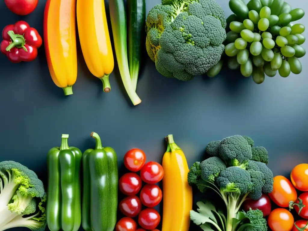 Arreglo simétrico de frutas y verduras para una dieta equilibrada Una variedad colorida de frutas y verduras frescas, dispuestas en un patrón simétrico sobre una encimera de cocina moderna
