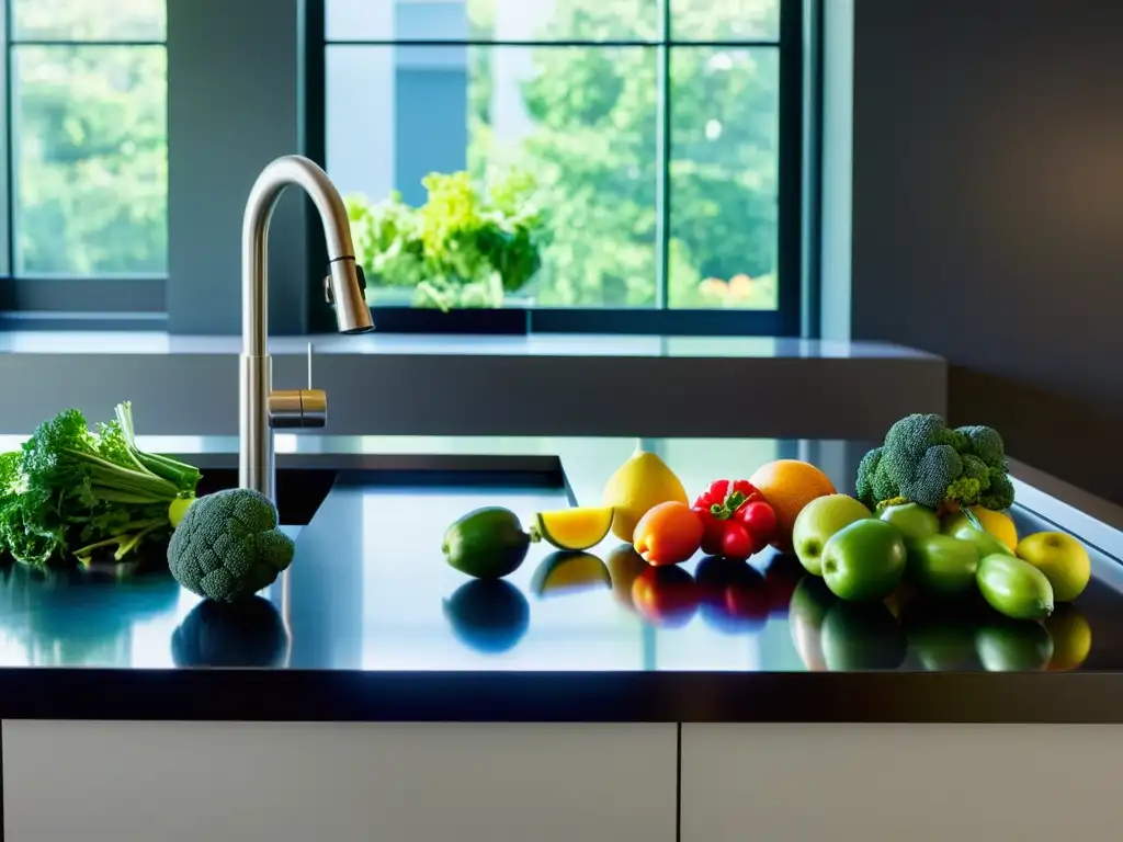 Una variedad de frutas y verduras coloridas y frescas en una cocina moderna, irradiando vitalidad y nutrición para fortalecer sistema inmunológico