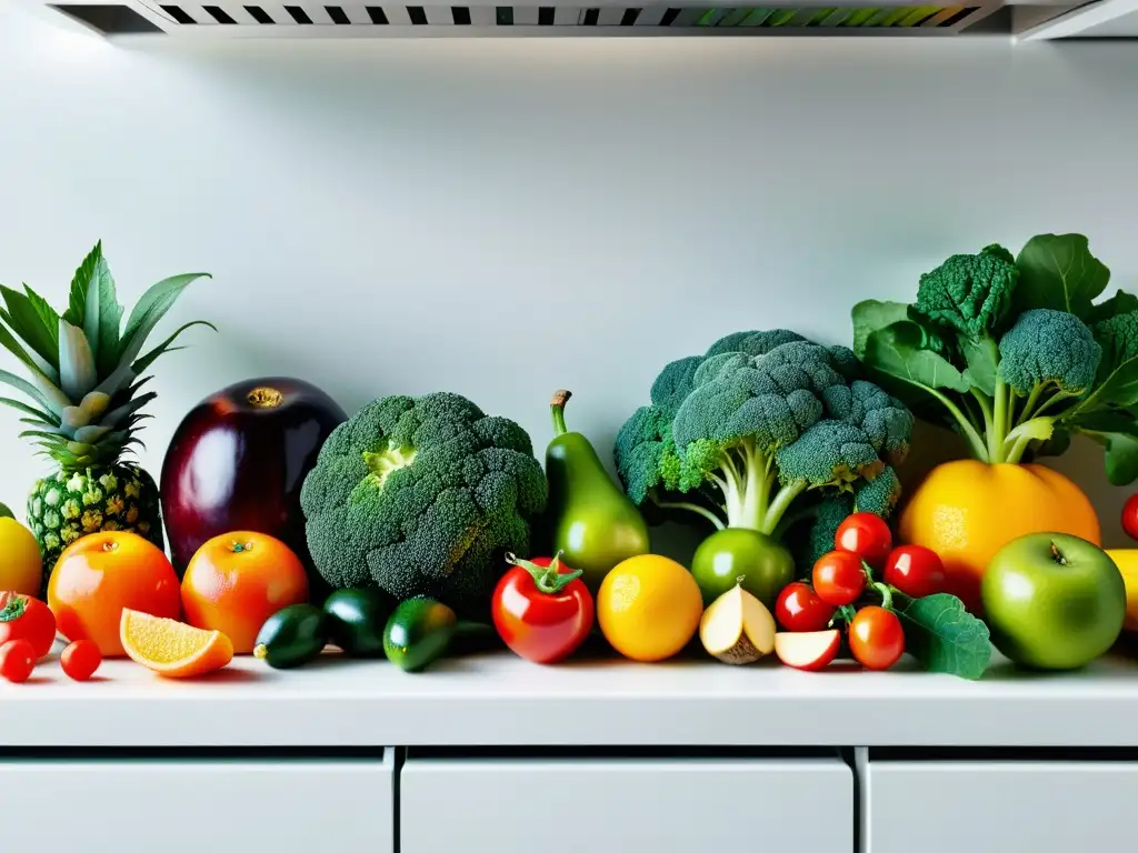 Variedad de frutas y verduras coloridas en una cocina moderna, realzando su frescura y potencial para el sistema inmunológico