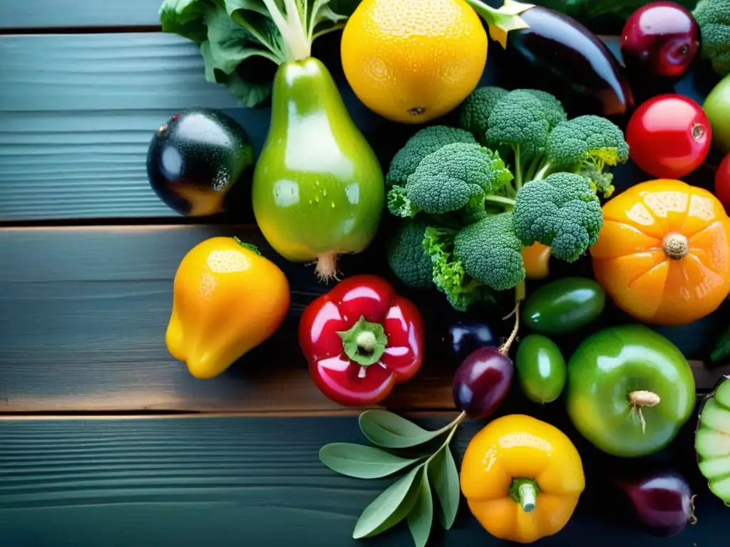 Una variedad de frutas y verduras coloridas en tabla de madera