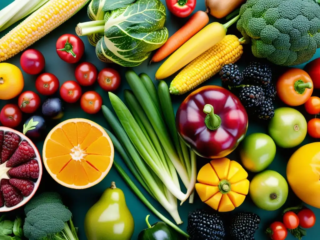 Exquisita variedad de frutas y verduras: coloridas, vibrantes y saludables Una variedad de frutas y verduras coloridas, detalladas y visualmente impactantes