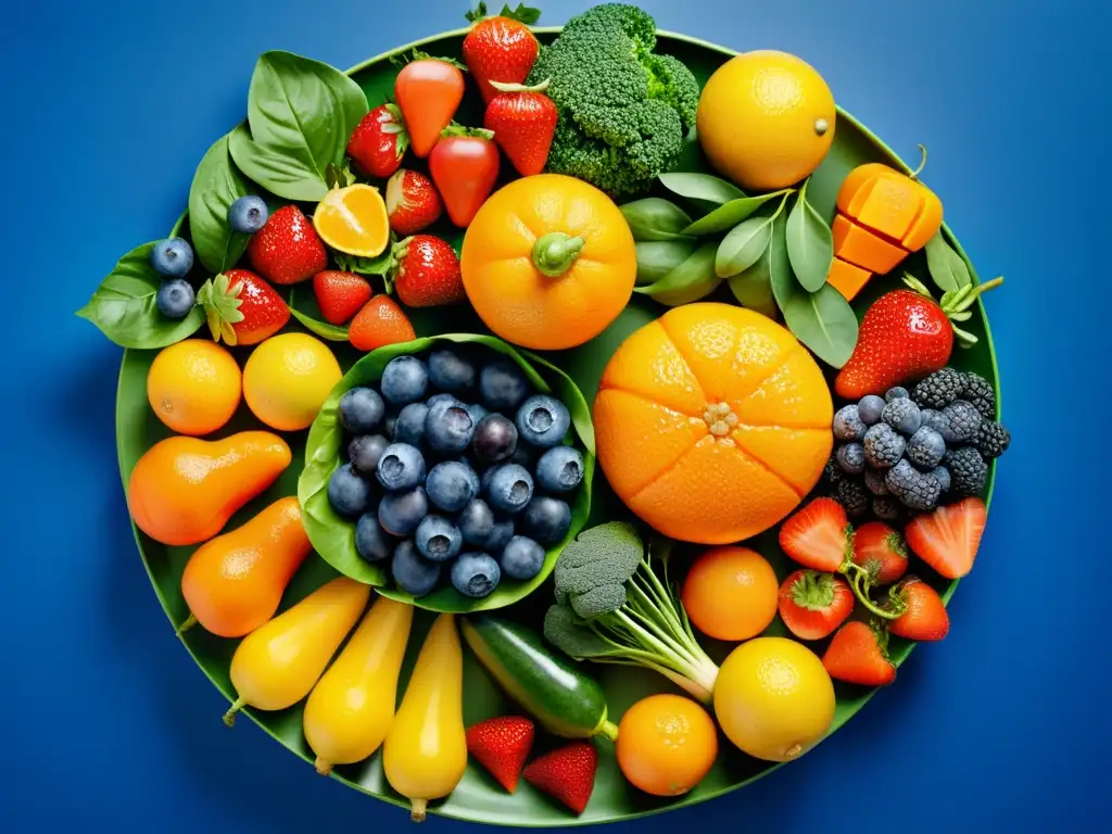 Una variedad de frutas y verduras coloridas y vibrantes en un patrón circular, con agua brillante