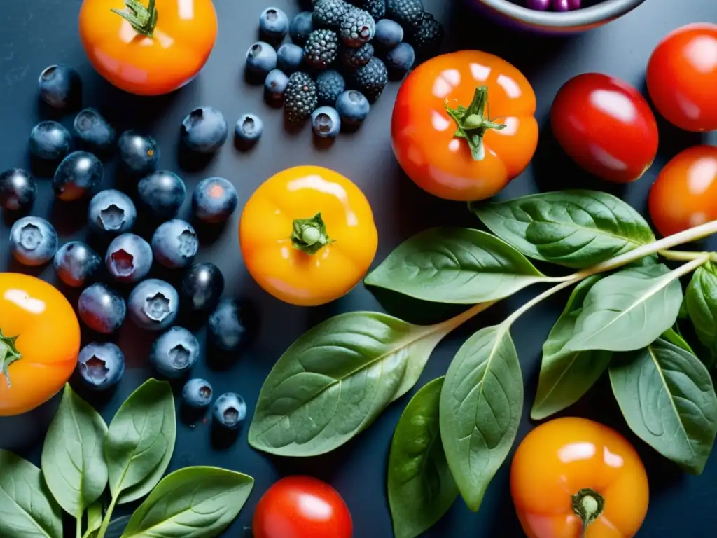 Exuberante variedad de frutas y verduras frescas en la cocina Una variedad de frutas y verduras coloridas en un mostrador de cocina moderno, goteando frescura