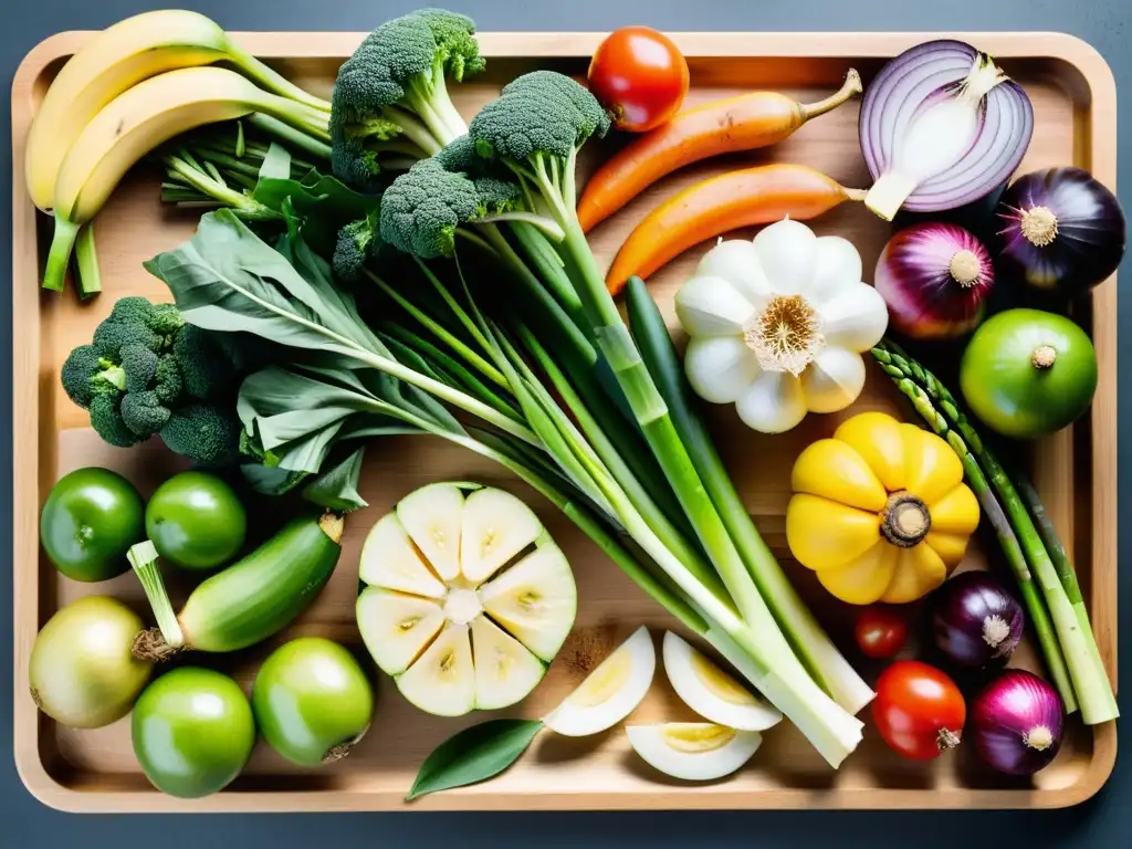 Deliciosos y Coloridos Alimentos Prebióticos en Tabla de Cortar Una variedad de frutas y verduras coloridas en una tabla de cortar de madera, mostrando los beneficios de los prebióticos para el sistema inmunológico