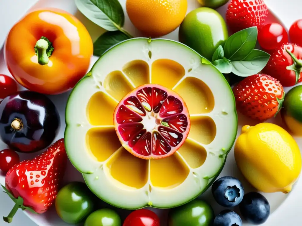 Arcoíris de frutas y verduras: Inmunidad y salud Una variedad de frutas y verduras coloridas y maduras dispuestas en un plato blanco
