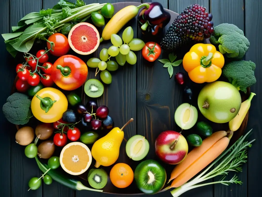Variedad de frutas y verduras en círculo: dieta y salud Una variedad de frutas y verduras frescas y coloridas dispuestas en círculo sobre una superficie de madera oscura