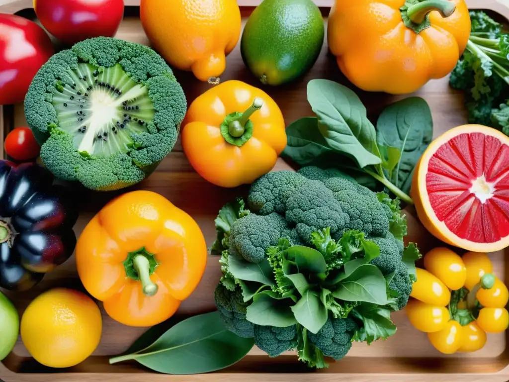 Una variedad de frutas y verduras frescas y coloridas en tabla de cortar de madera, destacando la importancia de la dieta para reforzar sistema inmunológico
