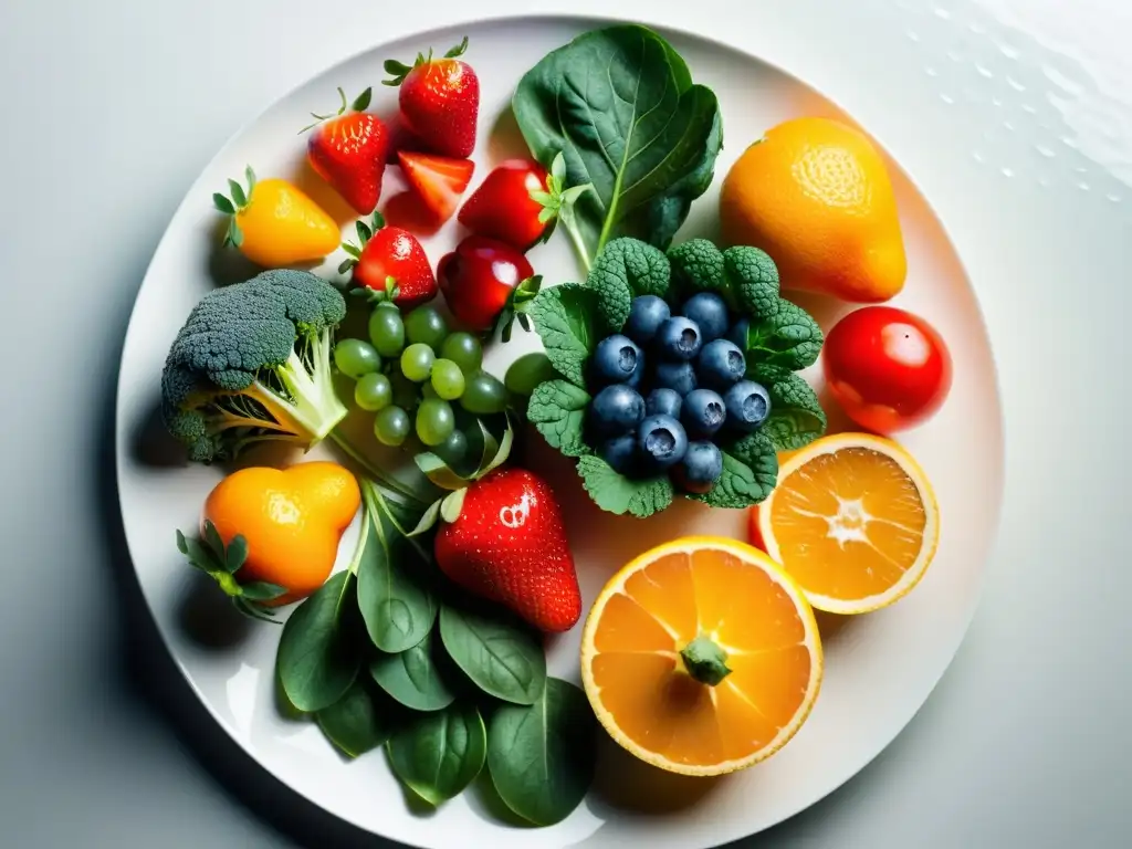 Variedad de frutas y verduras frescas en un plato blanco, con texturas y colores vibrantes