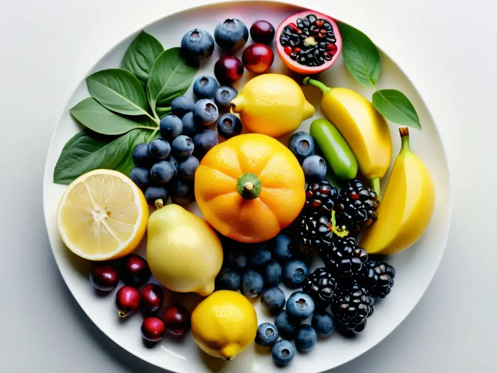 Exquisita variedad de frutas y verduras frescas en plato blanco Una variedad de frutas y verduras frescas y vibrantes dispuestas en un patrón simétrico en una elegante bandeja blanca