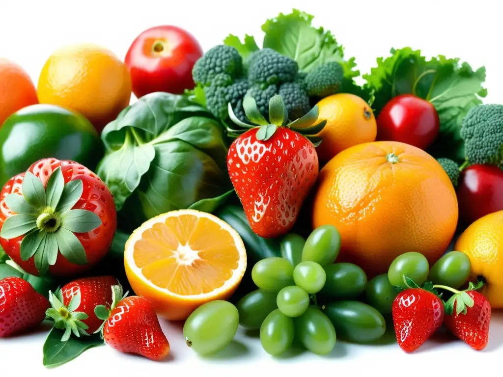 Exquisita variedad de frutas y verduras frescas en primer plano Una variedad de frutas y verduras frescas en una exhibición vibrante y apetitosa