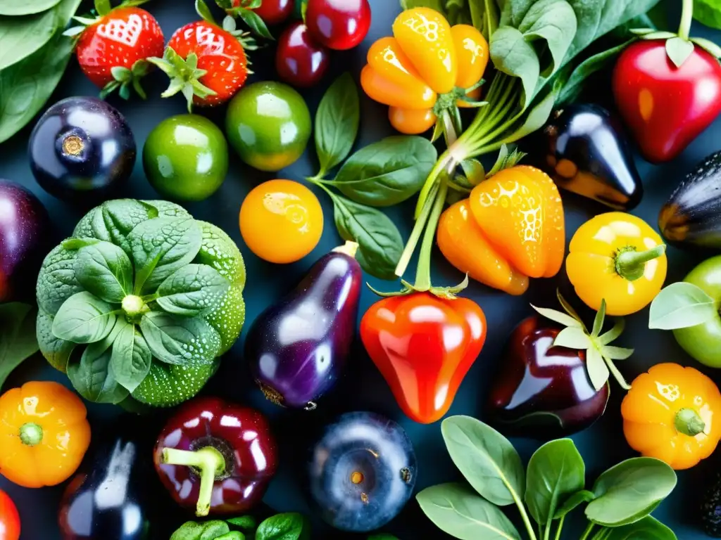Explosión de color: Frutas y verduras frescas en detalle Variedad de frutas y verduras frescas, goteando agua, rodeadas de hojas verdes