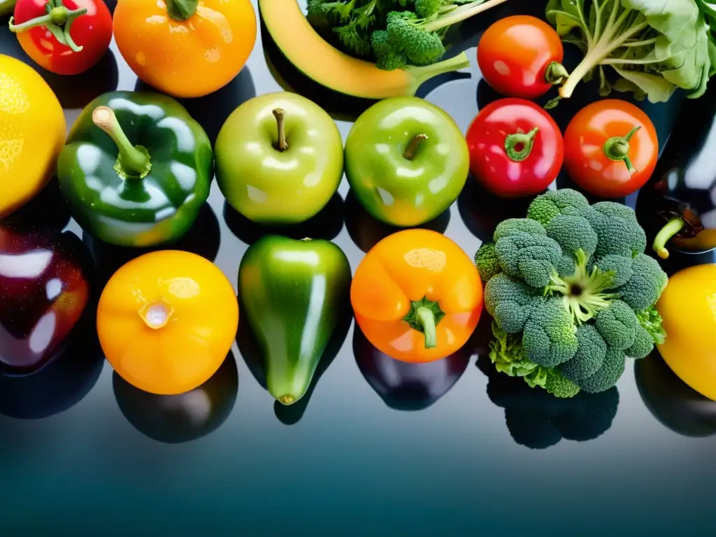 Espléndida variedad de frutas y verduras frescas en cocina moderna Una variedad de frutas y verduras vibrantes y frescas en una encimera de cocina moderna, resaltando la importancia de la hidratación para la inmunidad