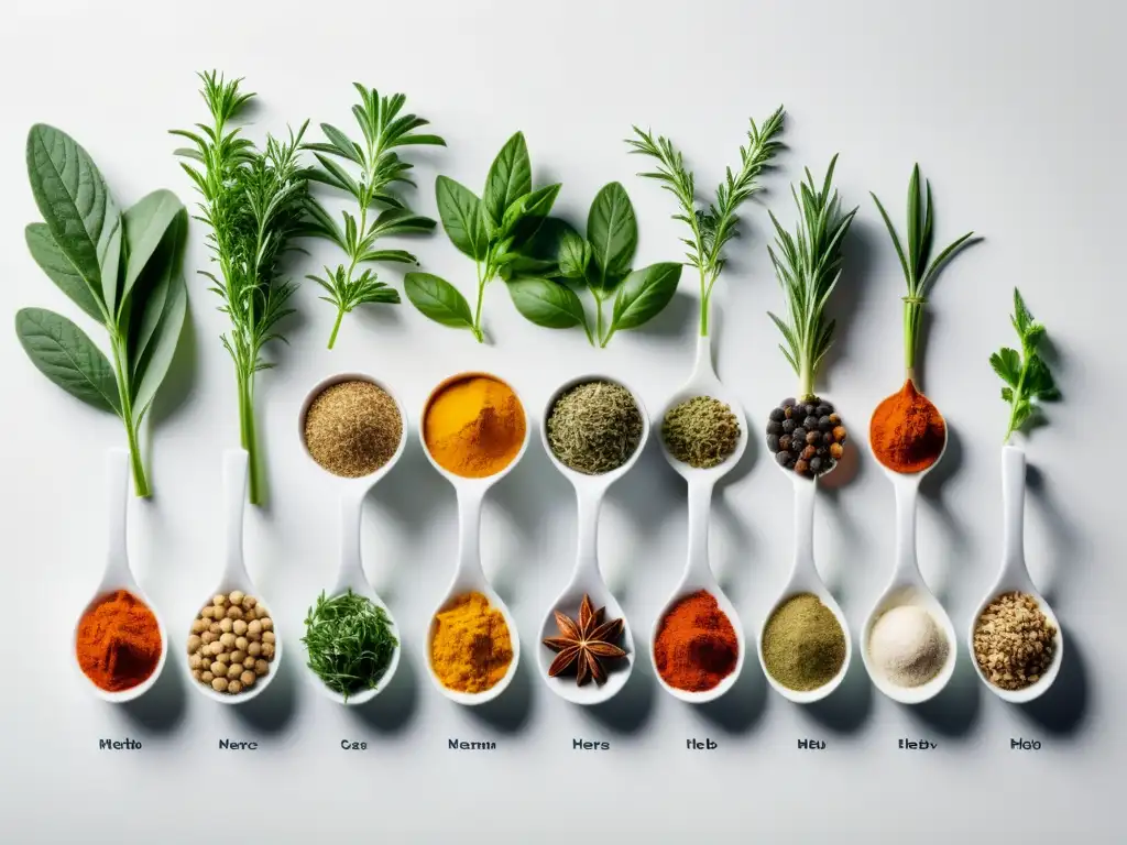 Esencias naturales: Herbs y especias en alta resolución Variedad de hierbas y especias coloridas etiquetadas en elegante tipografía, evocando precisión y vitalidad