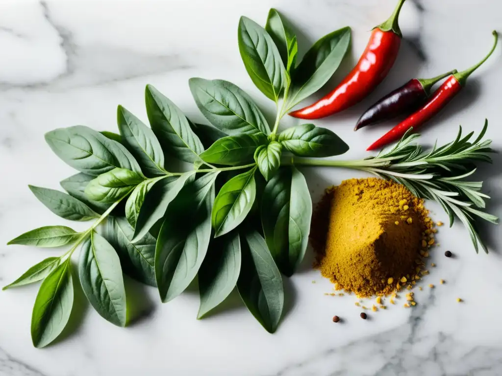 Variado y fresco: Hierbas y especias para recetas saludables Variedad de hierbas y especias frescas en un elegante tablero de mármol