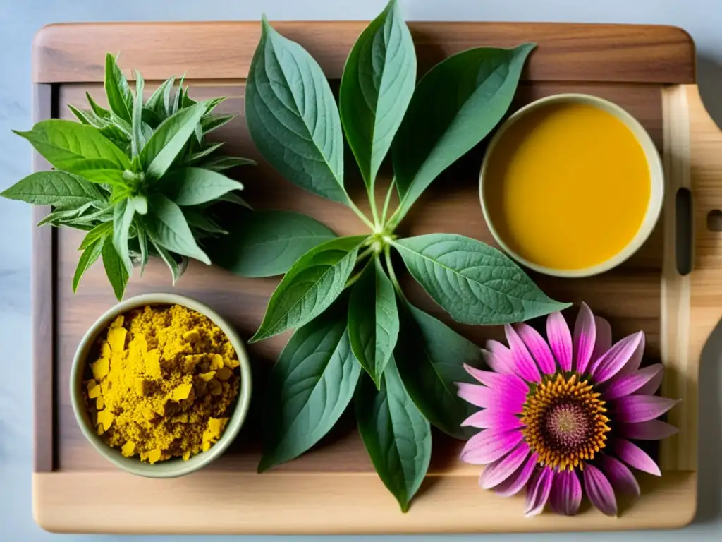 Herbalismo: Precisión en Dosificación de Hierbas para Inmunidad Variedad de hierbas frescas y coloridas en tabla de cortar de madera