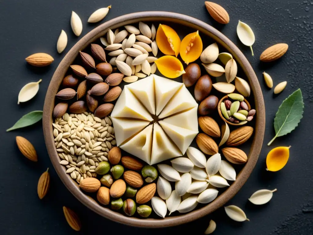 Exquisita variedad de frutos secos y semillas en círculo Una variedad de nueces y semillas dispuestas en un patrón circular sobre un fondo oscuro, resaltando sus texturas, formas y colores