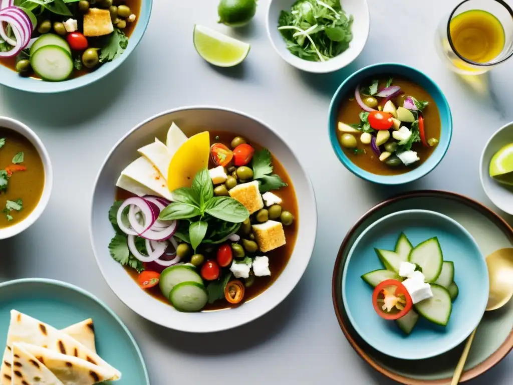 Delicioso banquete internacional: ensalada griega, pho vietnamita, curry indio y ceviche peruano en mesa moderna Una variedad de platos internacionales para reforzar inmunidad, desde una vibrante ensalada griega hasta un fragante pho vietnamita