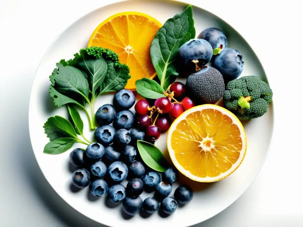 Superfoods vibrantes en plato blanco: detalle y color Una variedad de superalimentos coloridos, como arándanos, kale, cúrcuma, jengibre y cítricos, dispuestos en un elegante plato blanco